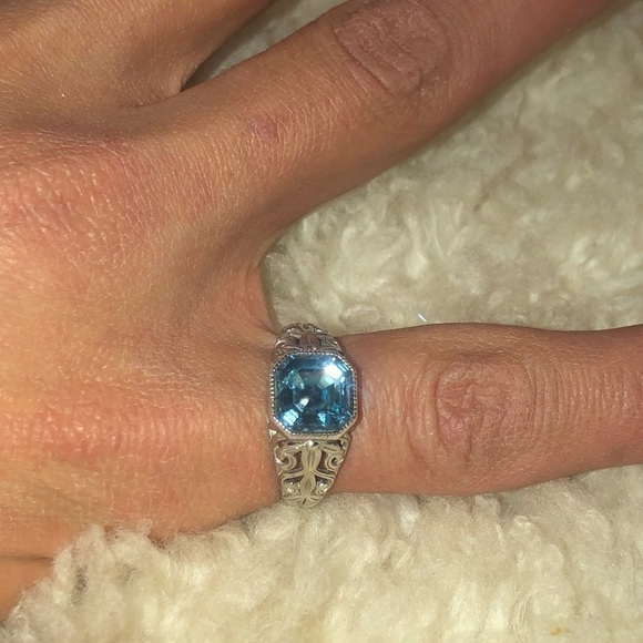 Vtg Sterling Silver & Blue Square Cubic Zirconia Floral Filirgree Band Sz 6.75 - Picture 8 of 12